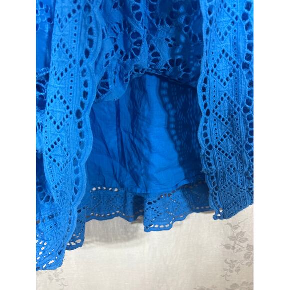 Soft Surroundings Dress 14 Blue Eyelet Tiered Long Slv Knee Length Lined Crochet - Picture 4 of 9